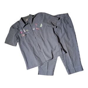 Vtg 1990s K Wear Petites Black White Gingham Shoe Embroidered Top Pants Set L